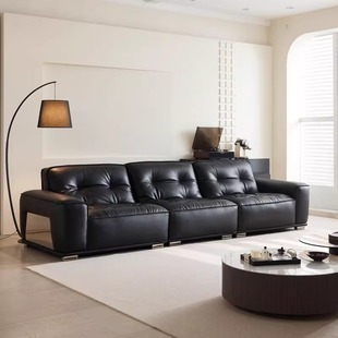 Italian Normcore Leather Sofa Living Room Mid-Century Style Black Diamond First Layer Cowhide Black Sofa Retro Style High-End