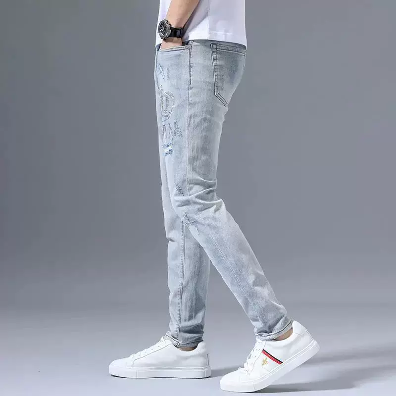 Осенние элитные трендовые джинсы, легкие брюки, с вышивкой, Slim fit