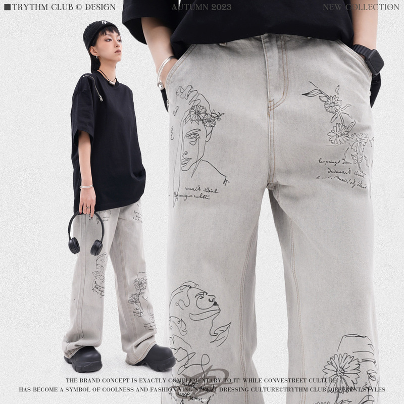 WHOOWAP American jeans straight High Street artistic print designer washed fashion casual jeans