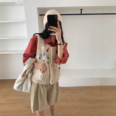 韩系绣花无袖针织毛衣圆领马甲开衫女秋季新款设计感叠穿小众上衣