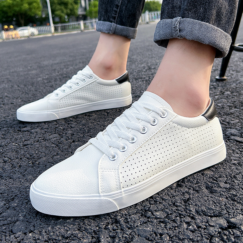 Caoutchouc petit blanc nouveaux trous de maille en cuir décontracté, à lacets d'été, chaussures de sport à fond plat pour étudiants, pour hommes_voghion.com