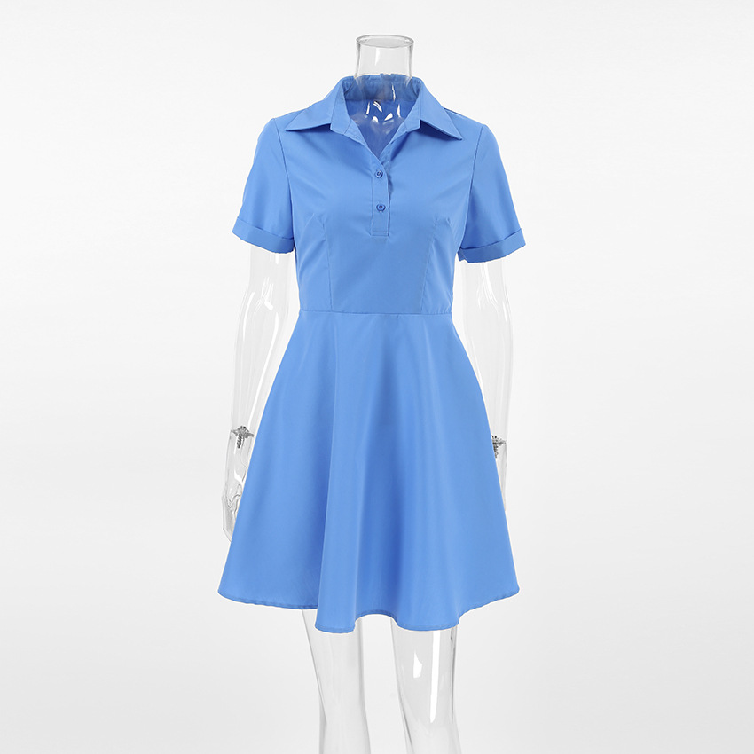 Spring Summer Casual Vitality Blue Collared Short Sleeve Slim Fit Sexy Design Dress Niche Office Dress