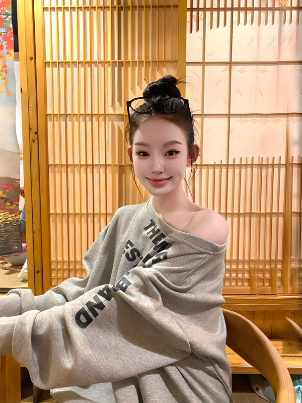 Y2K秋冬新款时尚百搭字母圆领卫衣宽松长袖两穿露肩潮牌女上衣|undefined