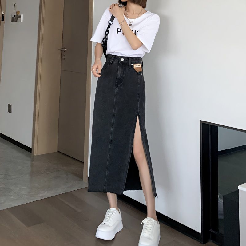 侧开叉牛仔半身裙女春夏秋冬新款高腰字中长款包臀裙百搭宽松