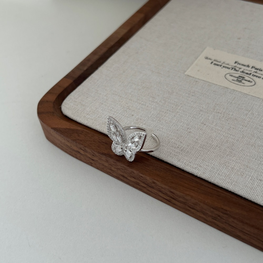 5g Weight Zircon Inlay Material Open Rings, Rings Classification 6, 9, Adjustable Ring Size 1 Piece Quantity Daily, Tea Party Occasion 925 Sterling Silver Material Butterfly Pattern Women's Gender Inlay Design Sweet, Shiny Style 925 Sterling Silver Zircon Butterfly Open Rings Rings 29