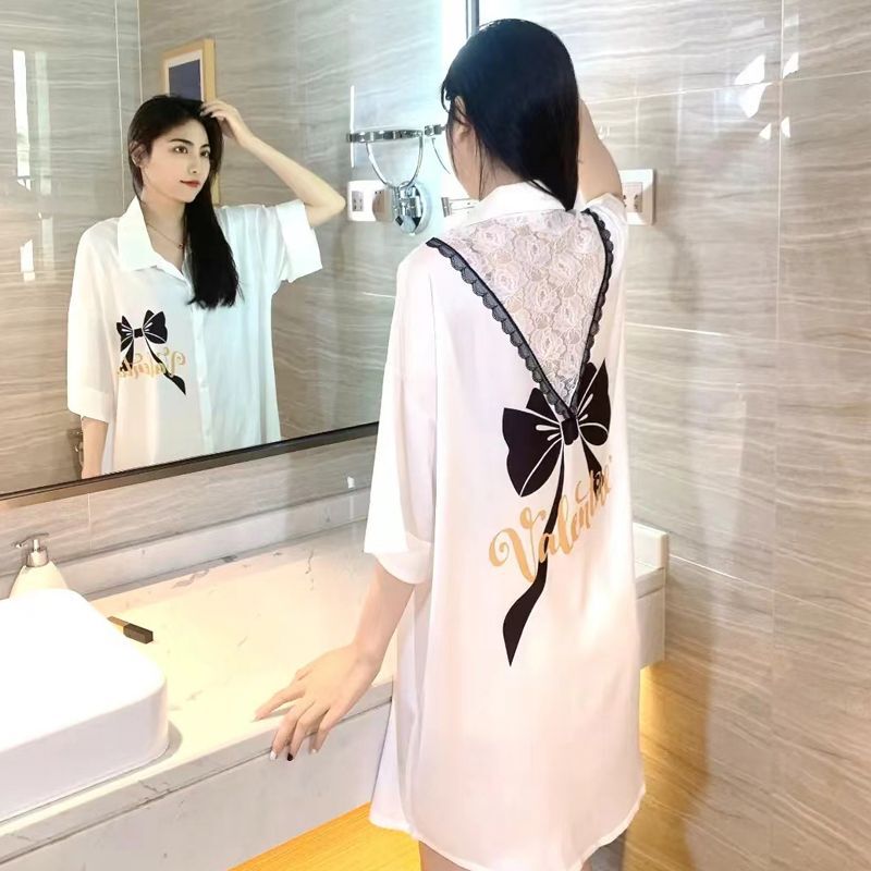 2026 Tiktok Live-Stream Hot-Selling Women's Summer Printed Ice Silk Short-Sleeve Sexy Slimming Shirt Nightgown Silk