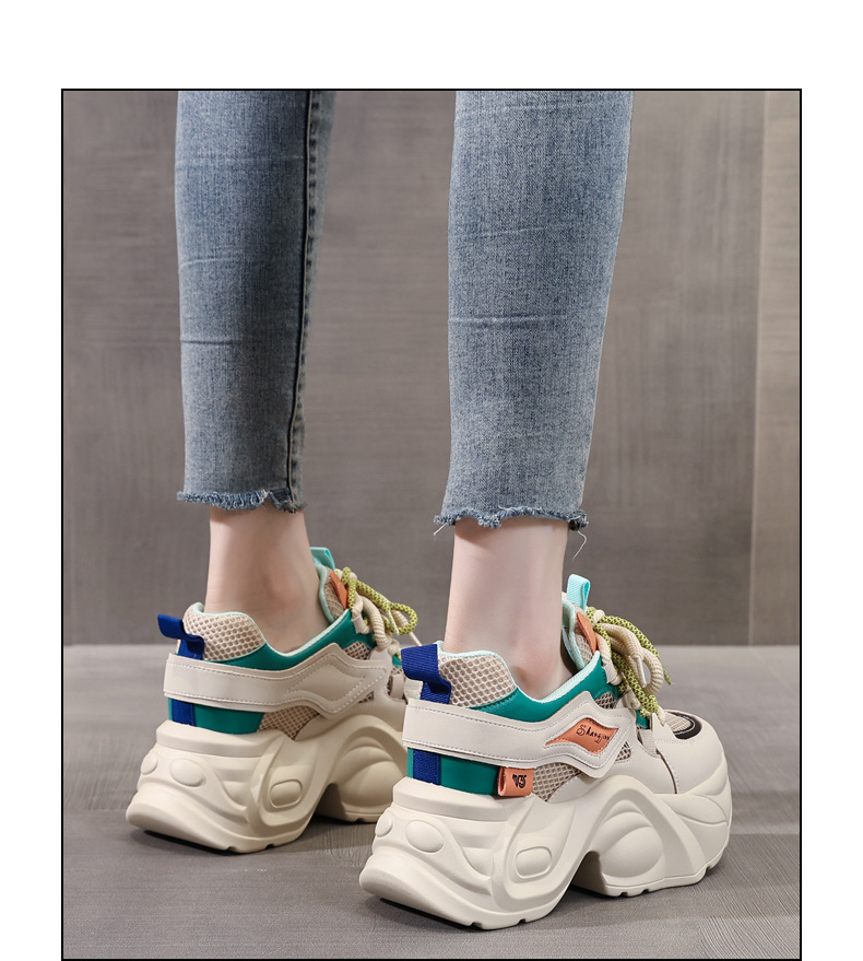 Giày sneaker nữ đế dày tăng chiều cao lưới thoáng khí — Màu vàng trắng chi tiết 14