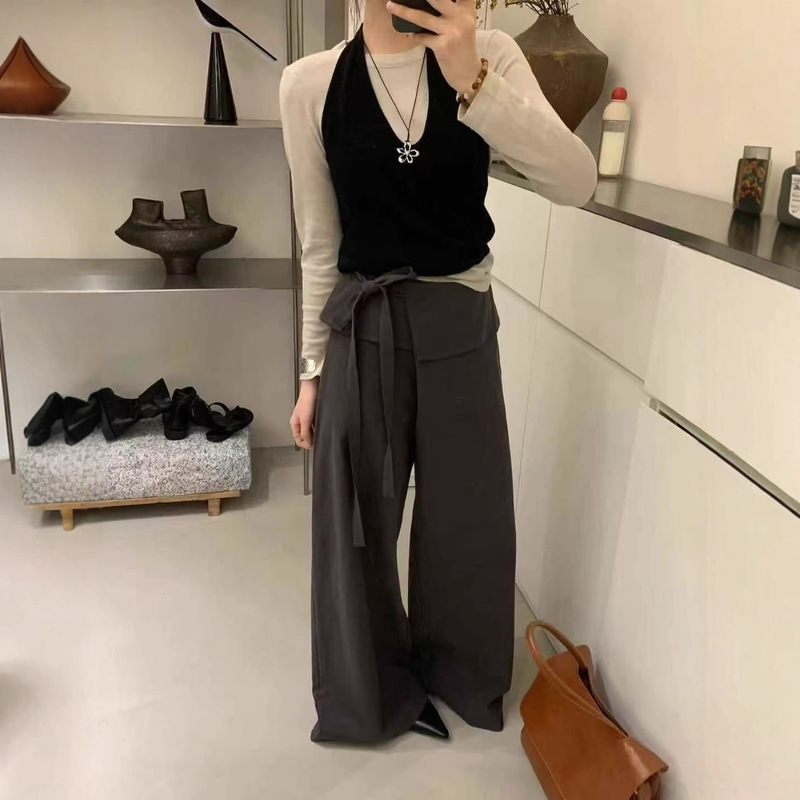 韩系高级感系带屁帘阔腿裤女2025秋季宽松高腰垂感休闲直筒拖地裤|undefined
