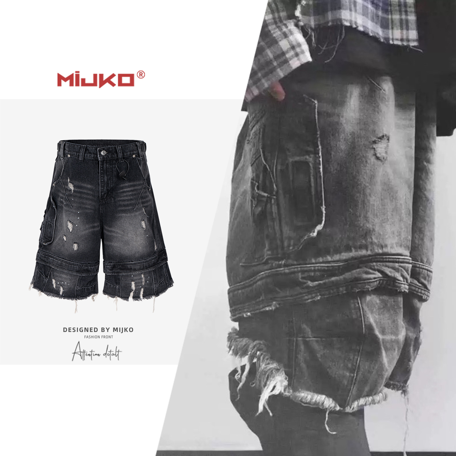 MIJKO 남성 및 여성 봄 여름 신상품 남성 및 여성용 태슬 파라슈티스트 7부 청바지, 같은 스타일, 찢어진 수컷 디컨스트럭티드 패치워크