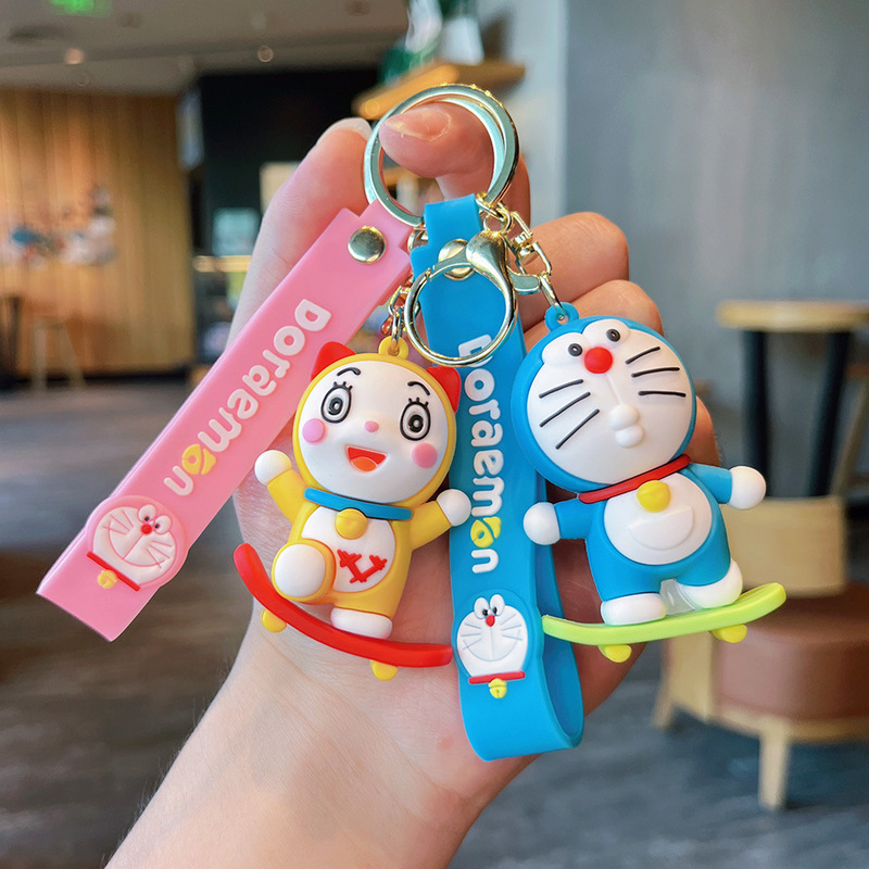 Skateboard Doraemon Keychain Doll Jingle Cat School Bag Cartoon Pendant Blue Fat Man Car Keychain Wholesale