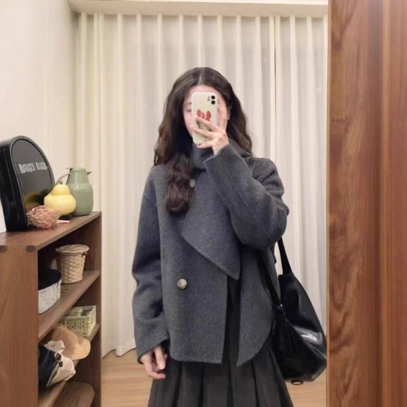[Camel Velvet + Mulberry Silk] Short Scarf Wool Coat Women's 2025 New Double-Sided Woolen Jacket