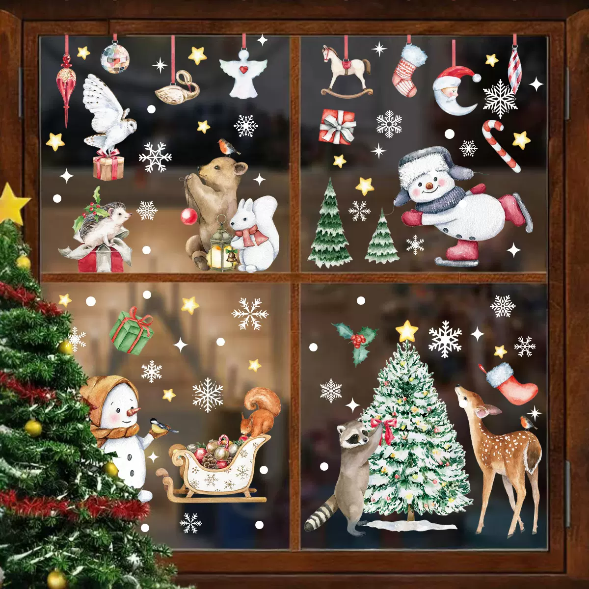 亚马逊手绘圣诞窗贴圣诞节派对商场橱窗玻璃移门装饰静电无痕窗贴