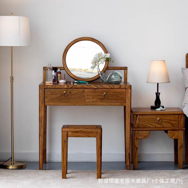 Solid Wood Dressing Table, Modern and Simple, Small Apartment Desk, Versatile Dual-Purpose Integrated Storage Old Elm Dressing Table