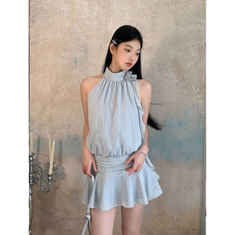 Neck dress Women's Summer Sleeveless Short Dress French Style Hot Girl Design Elegant Striped Blue Dress