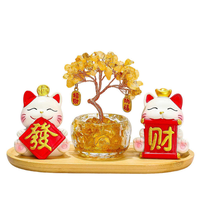 黄水晶发财树招财猫入户玄关摆件家居办公室桌面装饰乔迁新居礼物|undefined