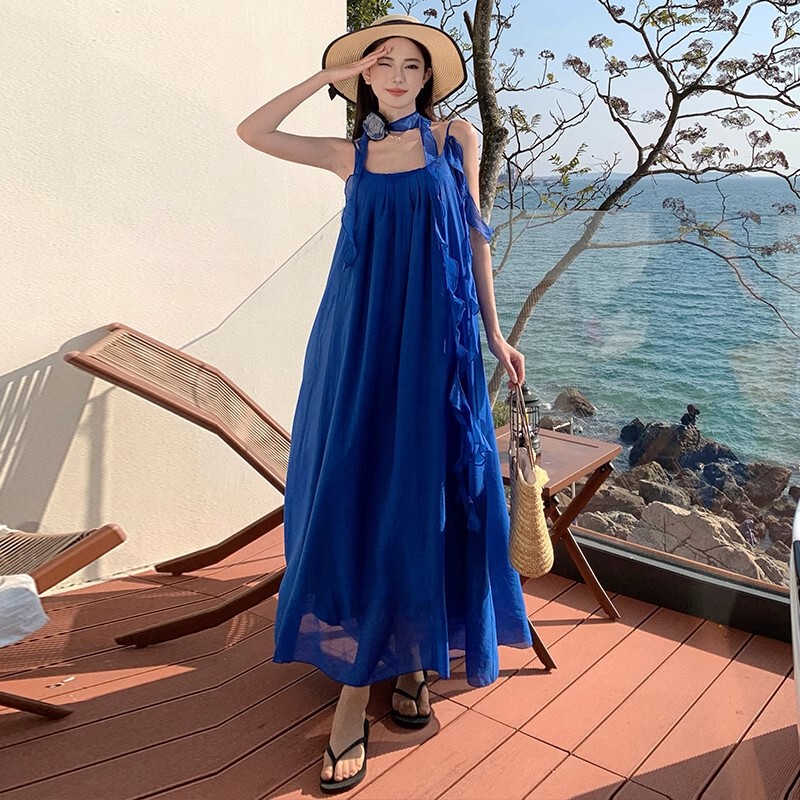 Klein Blue Suspender Dress for Women, Spring and Summer French Style Seaside Vacation Style Loose Backless Long Dress Klein Blue Suspender Dress for Women, Spring and Summer French Style Seaside Vacation Style Loose Backless Long Dress