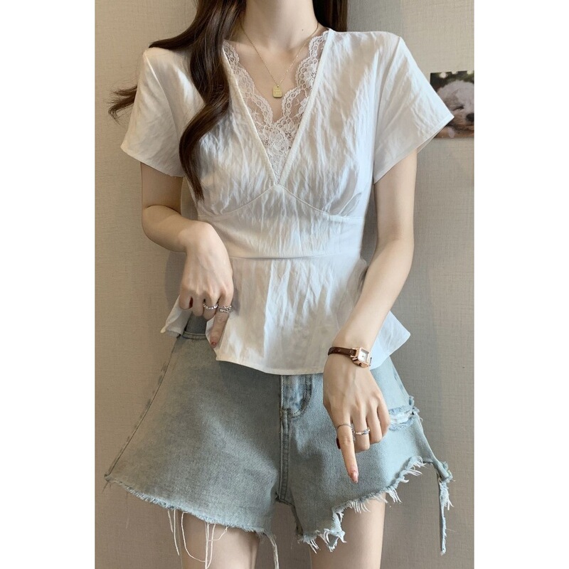 Korean Style Lace Patchwork Tie-Up Short-Sleeve Slimming Shirt 2026 Summer New Slim-Fit Waist-Cinching Top Shipping Soon Korean Style Lace Patchwork Tie-Up Short-Sleeve Slimming Shirt 2026 Summer New Slim-Fit Waist-Cinching Top Shipping Soon