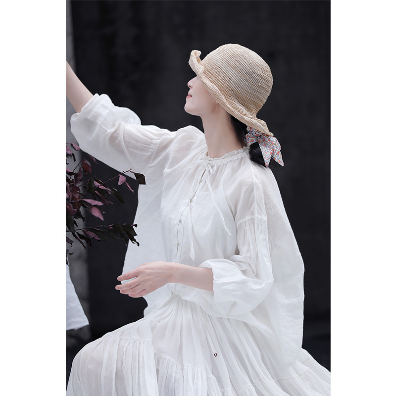 2022 Xia Xin Literary Sweet Fairy Ultra-Thin Pure Ramie Round Neck White Puff Sleeve Loose Casual Shirt for Women