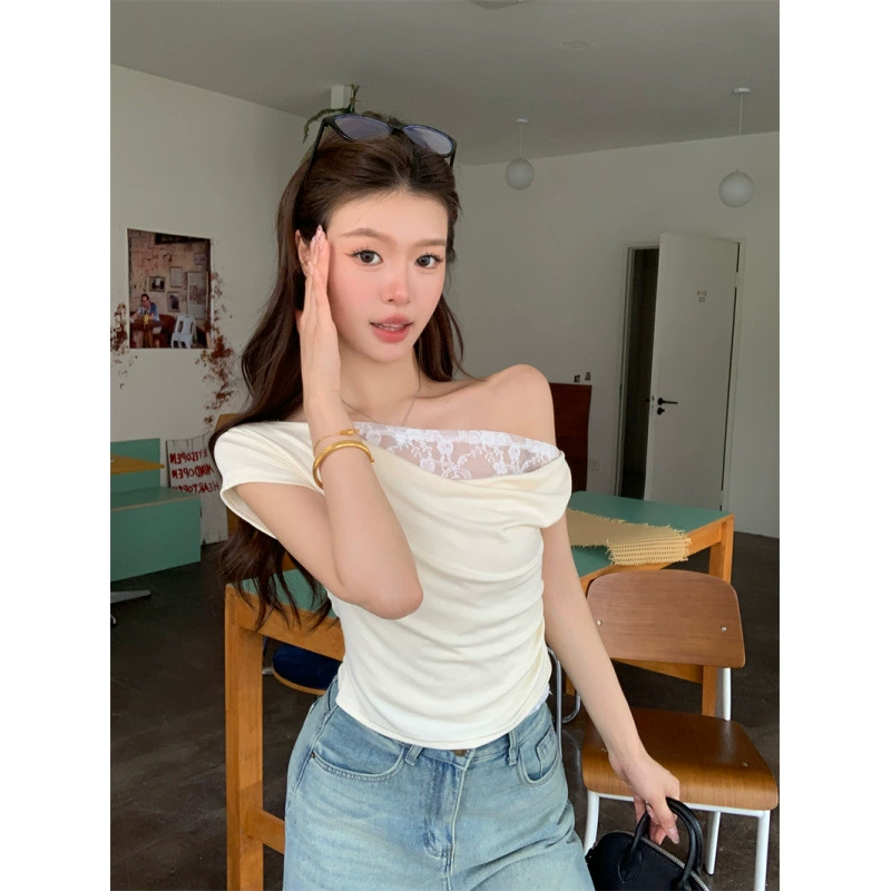 Реальный снимок, реальная цена, кружевная рубашка из двух частей с короткими рукавами для женщин, облегающий талию топ во французском стиле, открывающий ключицу.