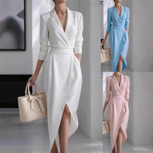 2025跨境欧美独立站秋冬季新款翻领长袖通勤办公不规则连衣裙女