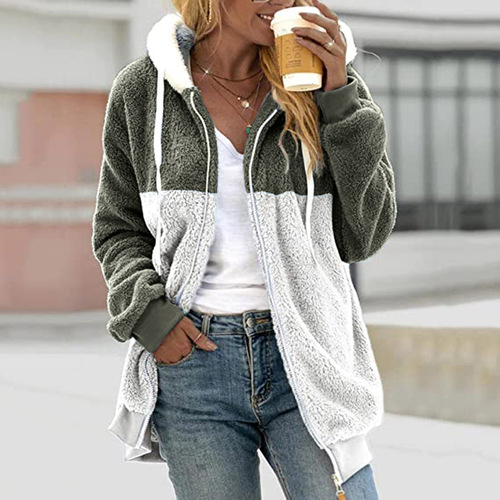 Wish Independence Station 2026 autumn and winter new loose color-matching plush zipper hooded coat for women's clothing