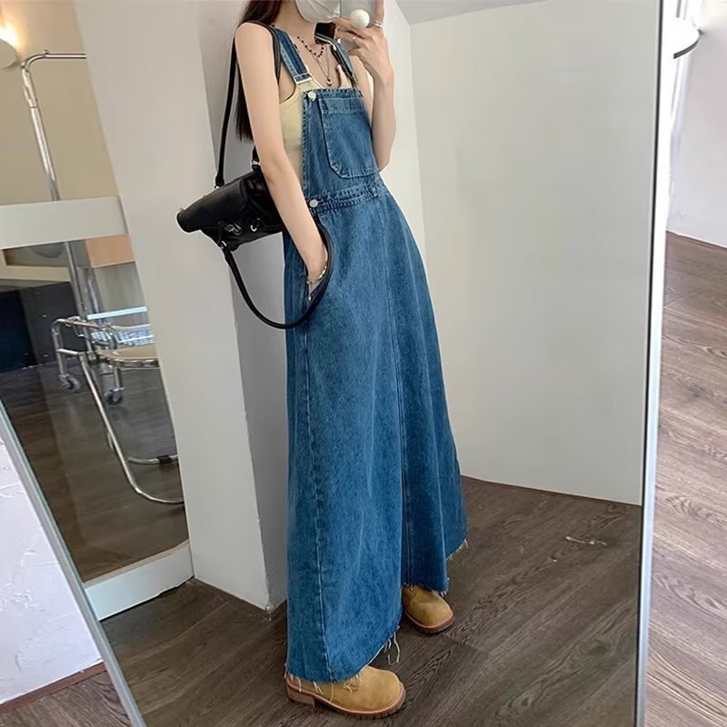 减龄显瘦背带裙牛仔连衣裙女2025秋季新款宽松高个子长裙蓝色裙子|undefined