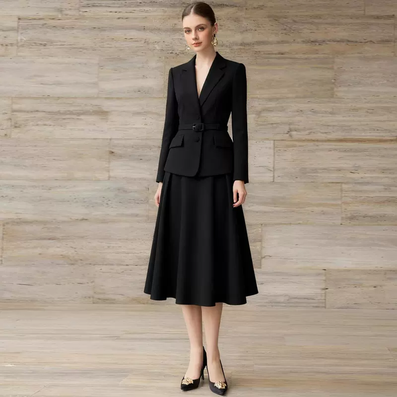 秋冬时尚黑色职业女裙套装修身显瘦气质呢子中长款伞裙正装工作服