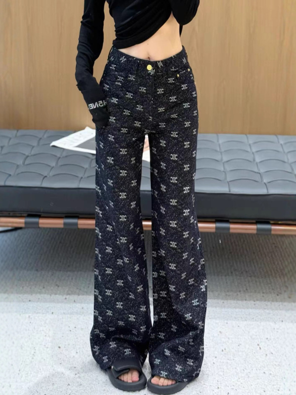 老钱风显气质满印设计感牛仔裤南油高定遮肉显瘦阔腿裤女秋直筒裤|undefined
