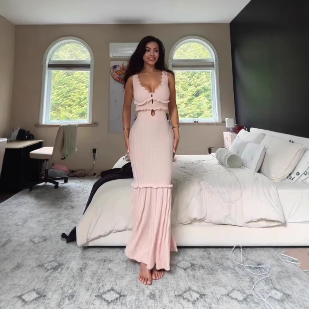 欧美亚马逊跨境外贸女装波浪领花边收腰粉色紧身包臀针织长裙