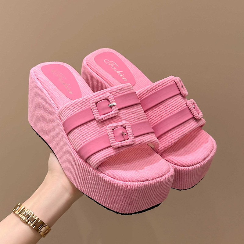 Wedge slippers for women's outer wear 2024 summer new belt buckle Internet celebrity versatile non-slip thick sole slip-on large size wholesale_voghion.com