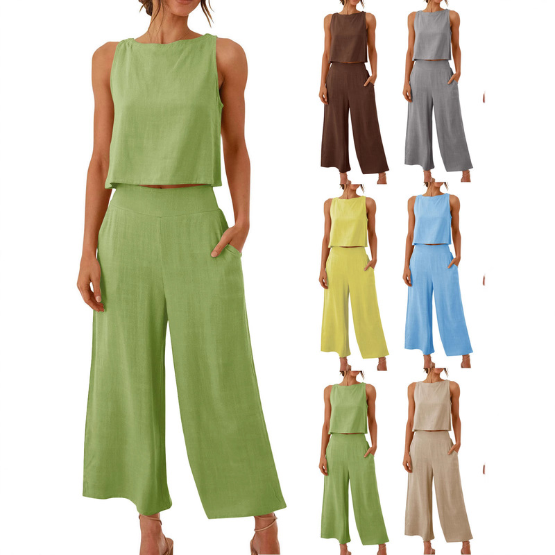 2025 Cross-Border European and American New Casual Sleeveless Top Wide-Leg Pants Suit