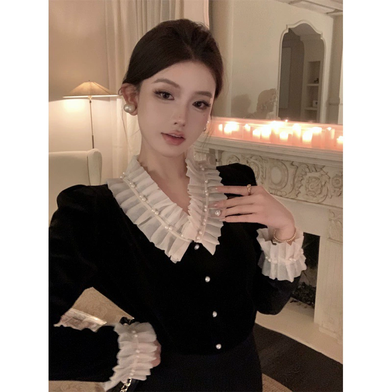 Осень/зима 2024 элегантный уменьшающий возраст Универсальный стройнящий простой кружевной топ во французском стиле с V-образным вырезом и листьями лотоса