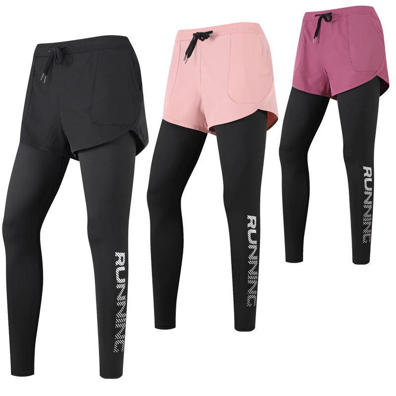 Women's Yoga Pants, Faux Two-Piece, Quick-Drying Sports Leggings, Amazon Running Fitness Wear, Double-Layer Anti-Exposure, Tight-Fitting