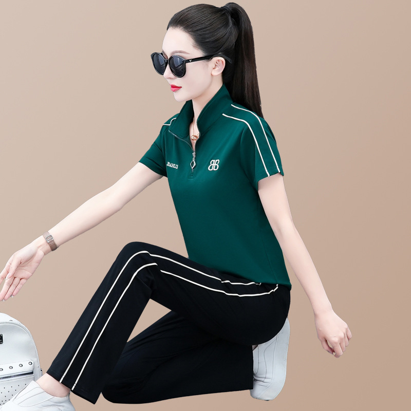 Sportswear suit Women's Autumn New Fashionable Thin Ice Silk Short-sleeved Spring and Autumn Sweatshirt Running Clothes Casual Two-piece Set