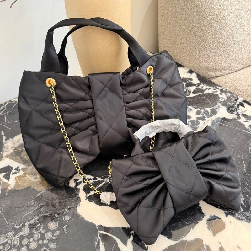 Fresh and Sweet Style Nylon Cloth Tweed Bow Satchel Evening Bag Casual Quilted Chain Armpit Shopping Bag