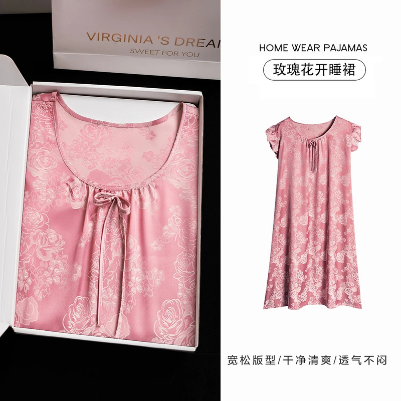 The Da Vinci Code Spring/Summer New Rose Blossom Small Flying Sleeve Nightgown Women's Nightgown Homewear Satin Silk Pajamas