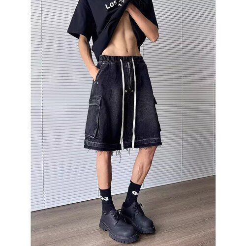 Vintage American workwear denim shorts for men, summer vibe, trendy brand, functional style, loose fit, niche raw edge, five-inch mid-calf pants