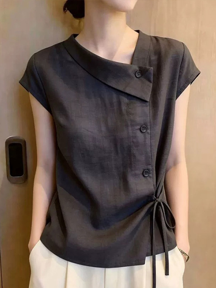 Áo sơ mi nữ tay ngắn cổ chéo buộc dây thắt eo — Màu ảnh