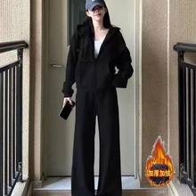 秋冬季休闲运动套装女2025新款慵懒风宽松连帽灰色卫衣阔腿两件套