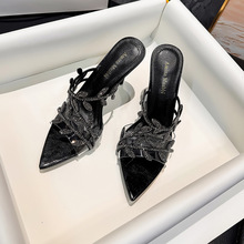 黑钻金枝玉叶高跟鞋2025新款夏季尖头性感御姐露趾细跟凉拖鞋女