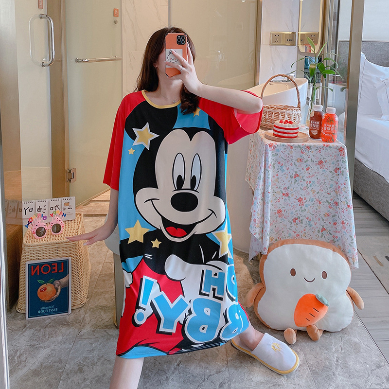Camisón de verano de las mujeres camisón de manga corta de comercio exterior de dibujos animados pijamas delgados de una sola pieza vestido lindo homewear