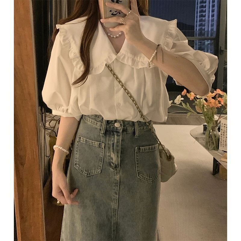 100% Pure Cotton Hong Kong Style Fashionable Design White Short-Sleeved Shirt Summer Lightweight Doll Collar Lace Age-Reducing Top for Women