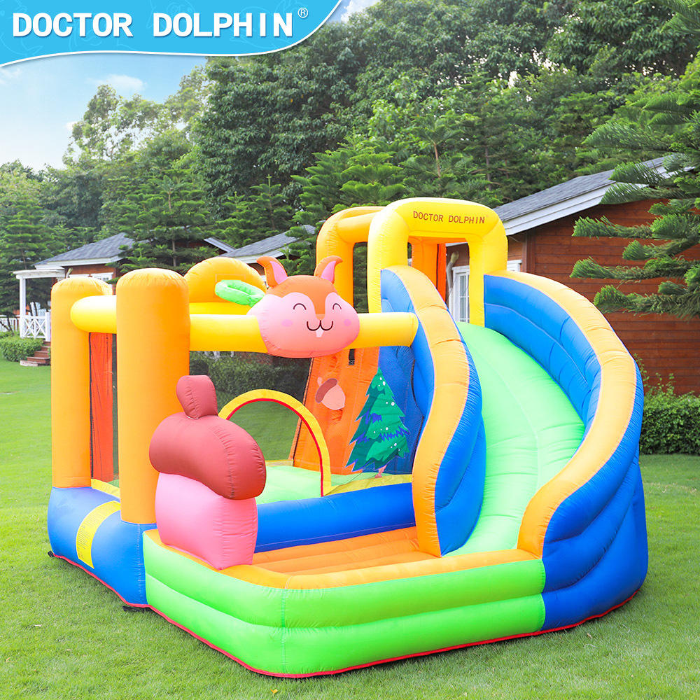 Castillo inflable para niños Doctor Dolphin, trampolín y tobogán con temática de ardilla, área de juegos interior, zona de juego para padres e hijos.