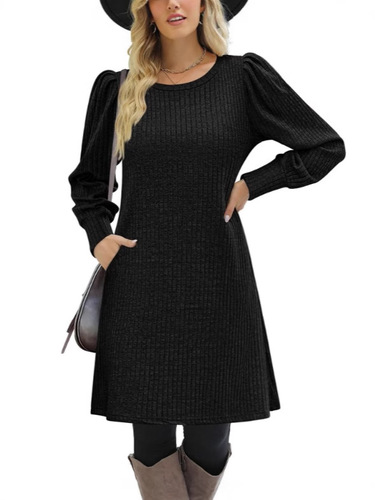 2025 Western and European Fashion Women's Knit Popper Sleeve Long Sleeve Autumn and Winter Round Neck Casual Loose Dress with Pockets