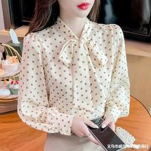 蝴蝶结衬衫飘带女春季2022年新款波点上衣韩版雪纺衣长袖雪纺代销