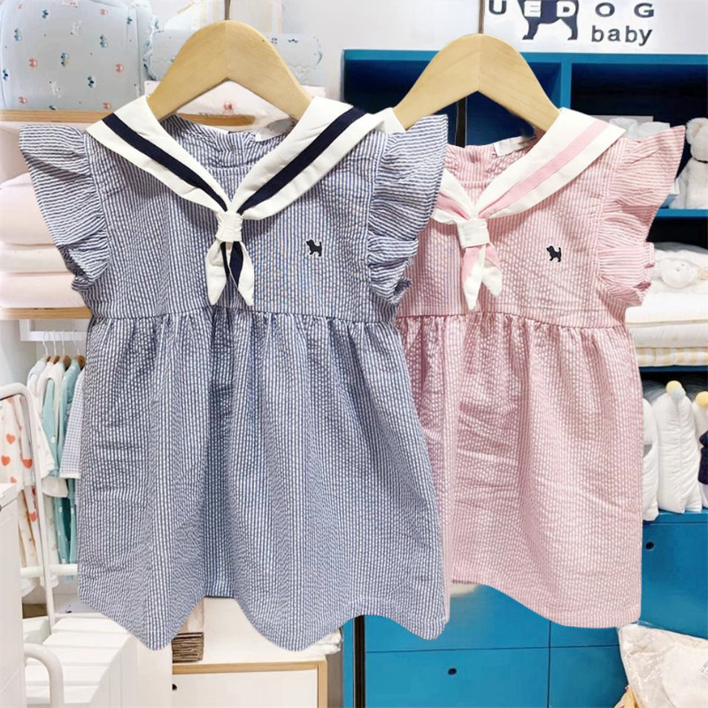 Korean Style Children's Clothing Looking for Agents, Summer Style Baby Girl Navy Collar Striped Flutter Sleeve Dress, Children's Dress Ms440703