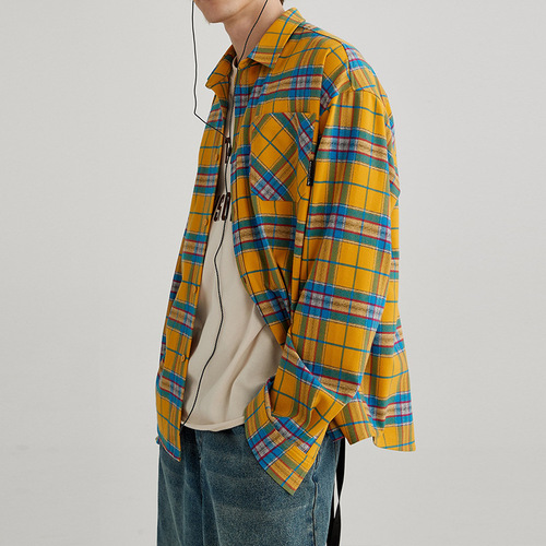 American Retro Yellow Gingham Shirt for Men Spring and Autumn Long-Sleeve Blouse Loose Casual Top Design Sense Jacket