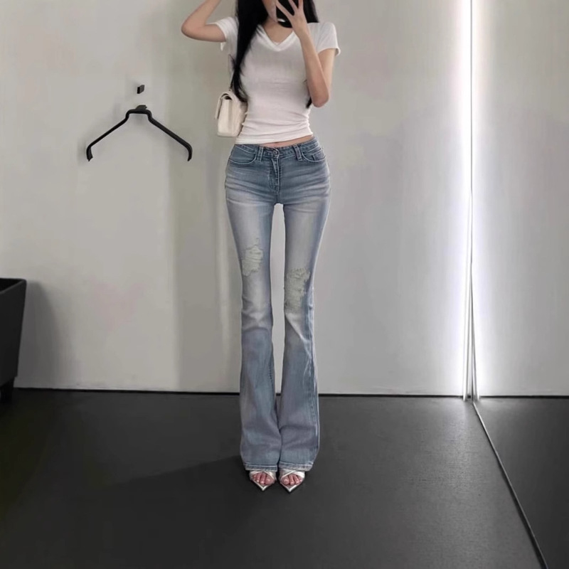 Gu*E High-Waisted Ripped Washed White Boot-Cut Pants New Slimming Look Butt-Lifting Retro Washed Sexy Jeans Pants