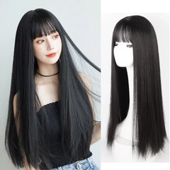 Female Korean wig with long black hair, soft style, realistic full head cover, Japanese influencer air bangs, temperament face-hugging wigs