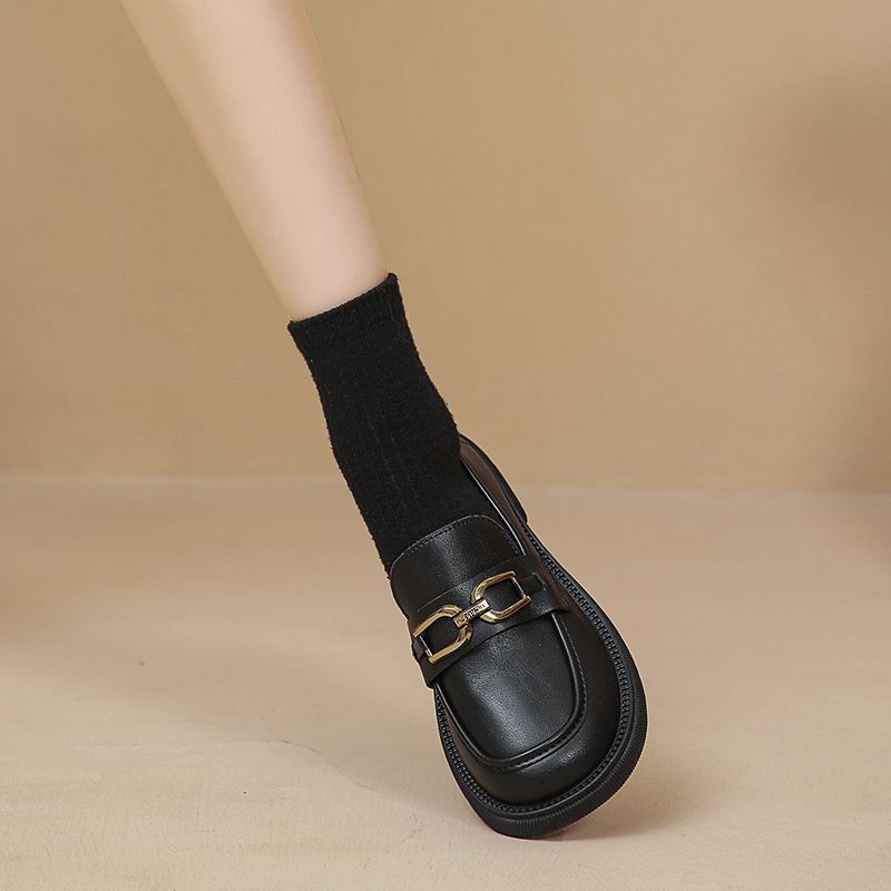 帕克吉尔搭扣小皮鞋女年春季新款一脚蹬英伦风单鞋平底乐福鞋黑色